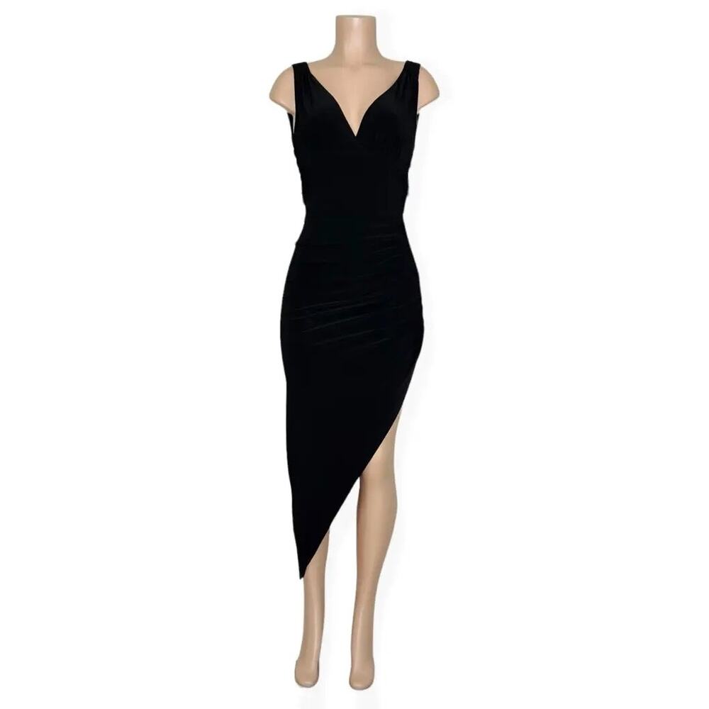 Norma Kamali Black Asymmetrical Deep V Neckline Gown Ruched Waist Size MEDIUM